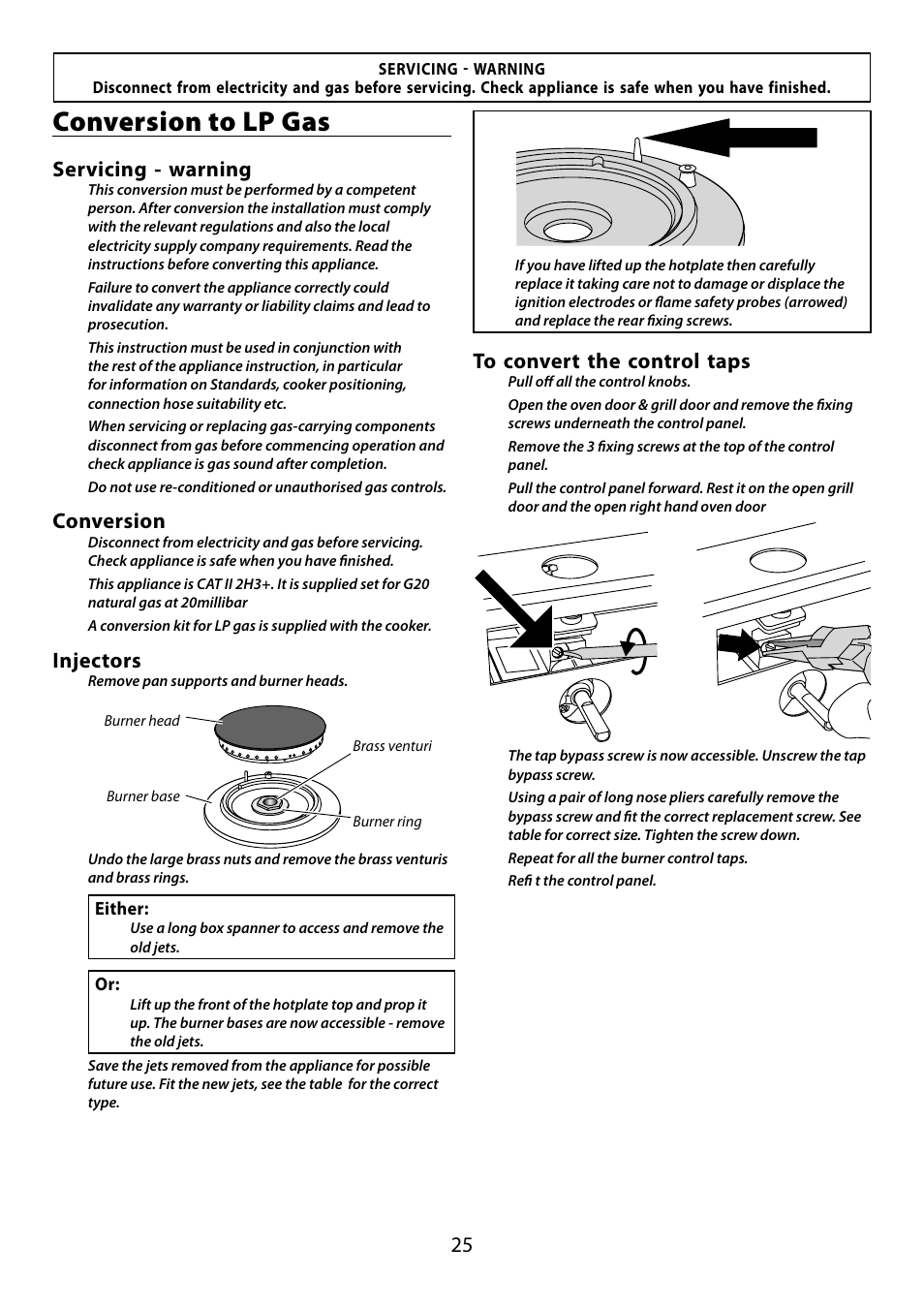 Conversion to lp gas, Servicing - warning, Conversion | Injectors | Falcon 210 GEO T DL User Manual | Page 25 / 36