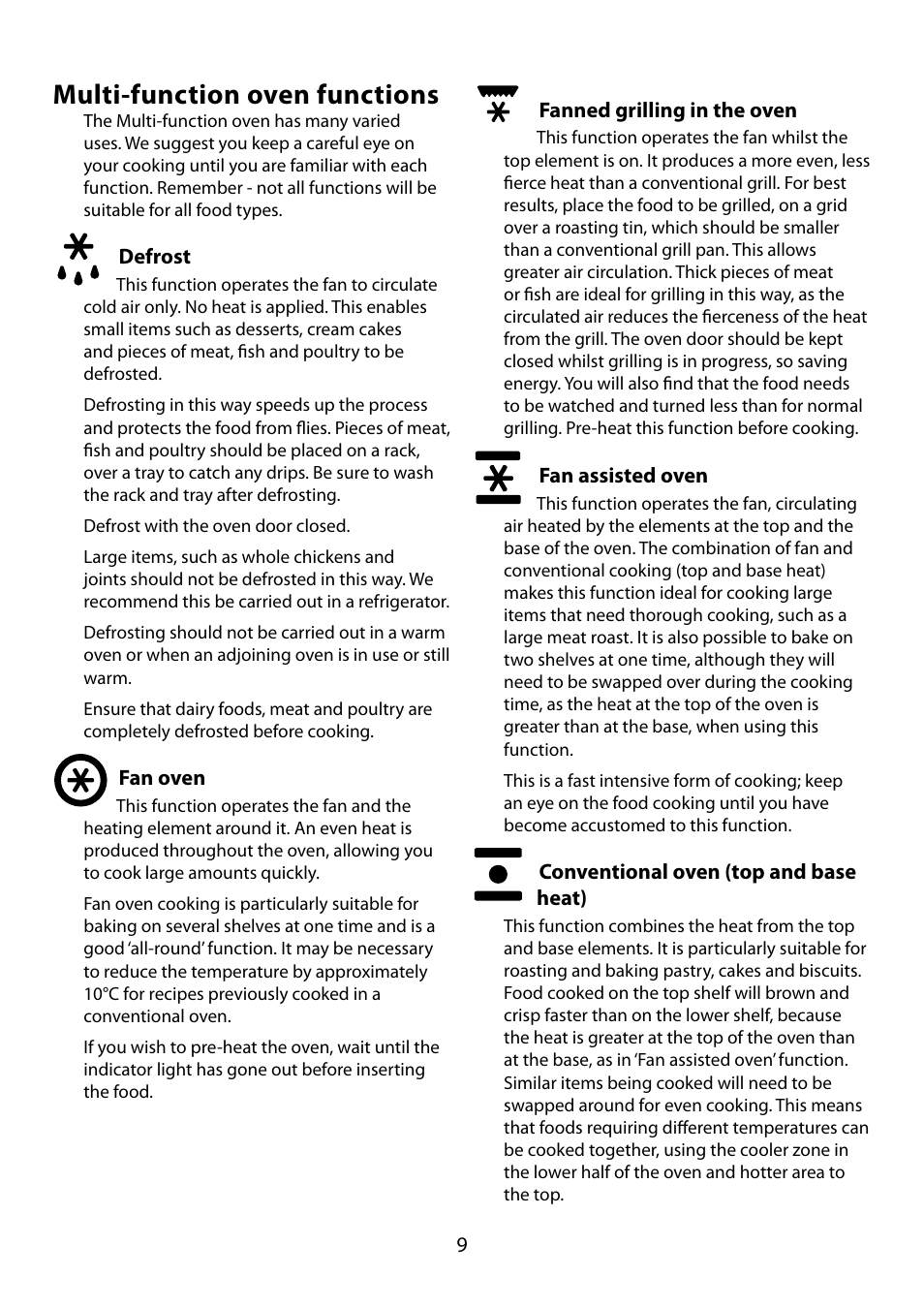 Multi-function oven functions | Falcon 210 GEO T DL User Manual | Page 9 / 36
