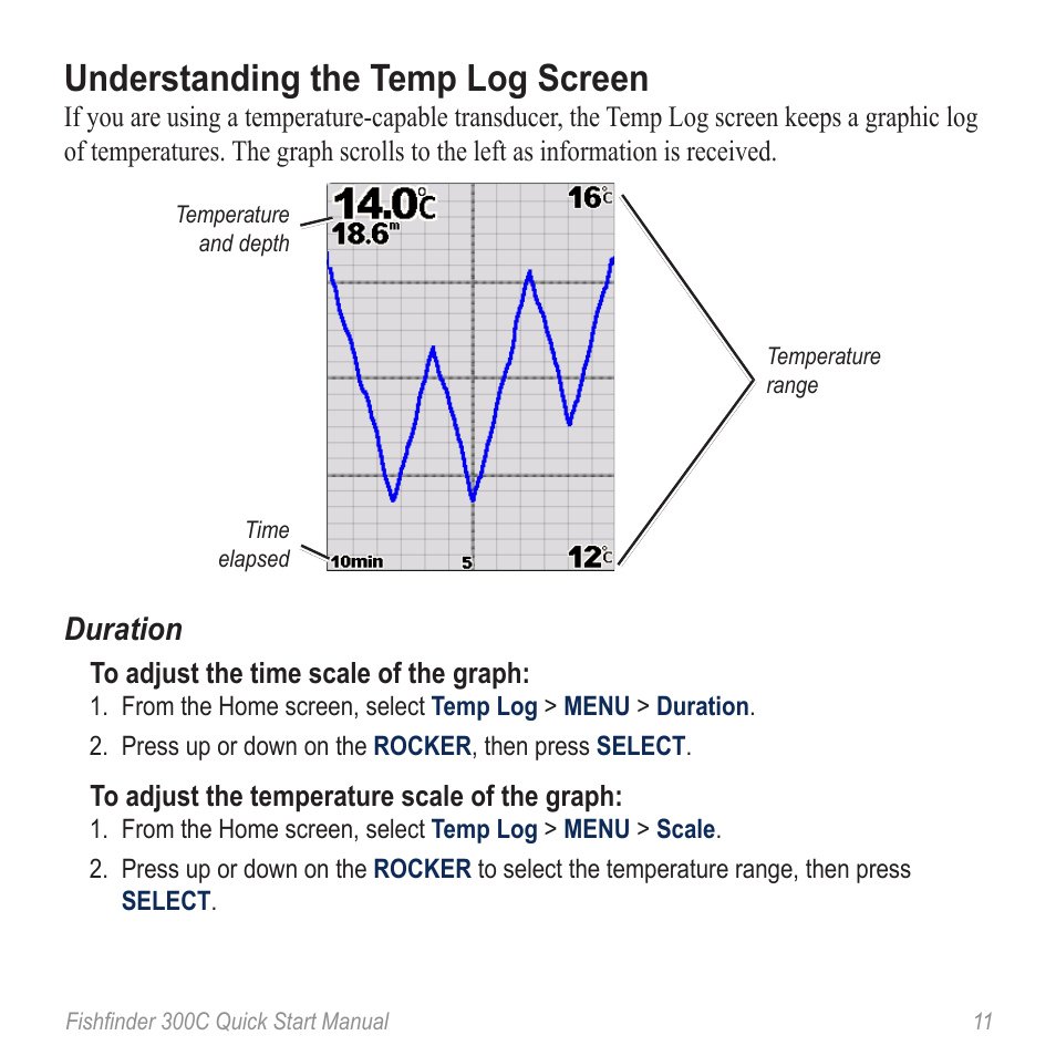 Emp log screen, Compatible transducer or sensor, Understanding the temp log screen | Duration | Garmin 190-00864-01 User Manual | Page 13 / 24