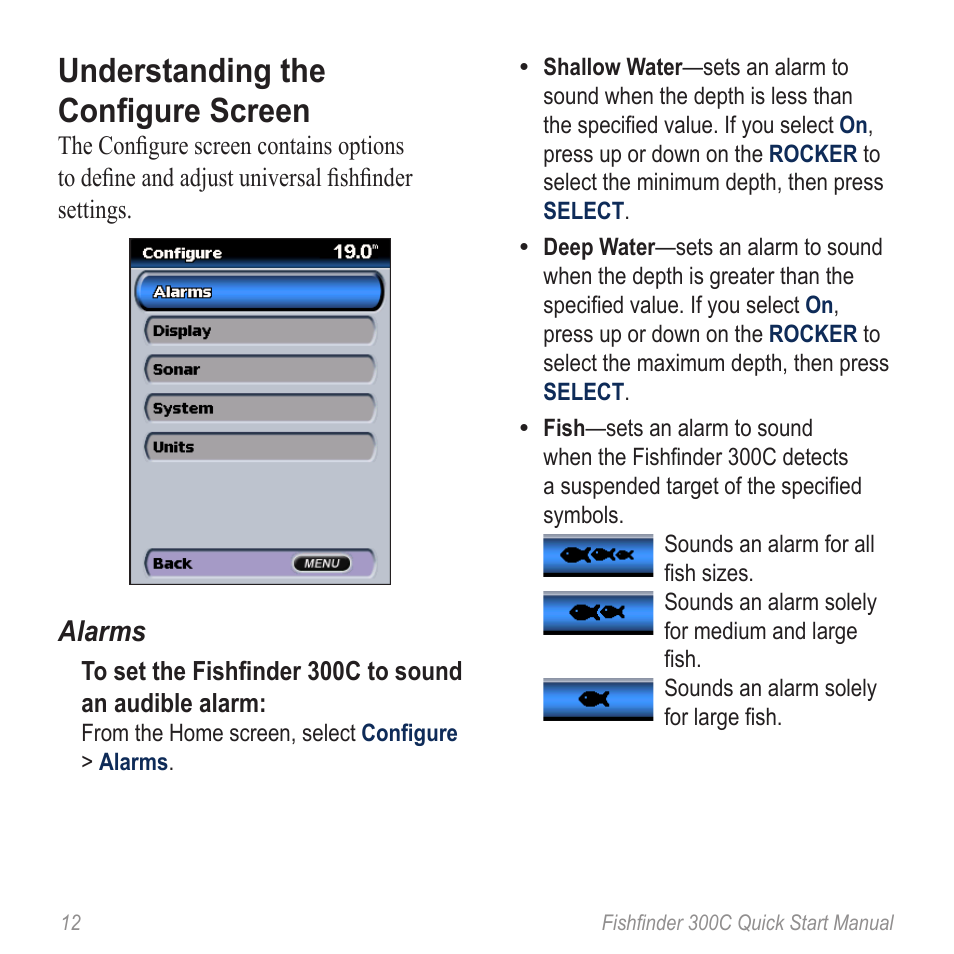 Configures the fishfinder 300c settings, Understanding the configure screen, Alarms | Garmin 190-00864-01 User Manual | Page 14 / 24