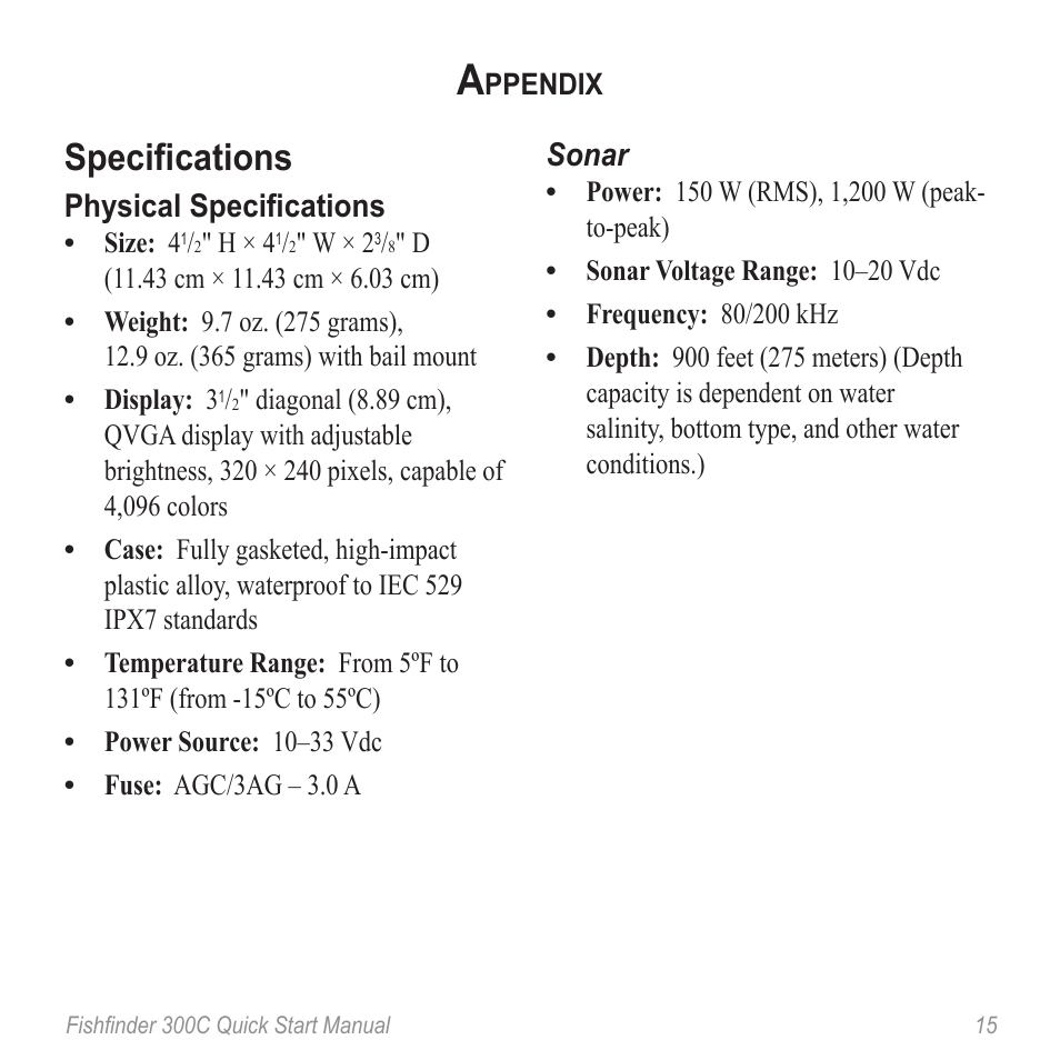 Appendix, Specifications, Physical specifications | Sonar | Garmin 190-00864-01 User Manual | Page 17 / 24