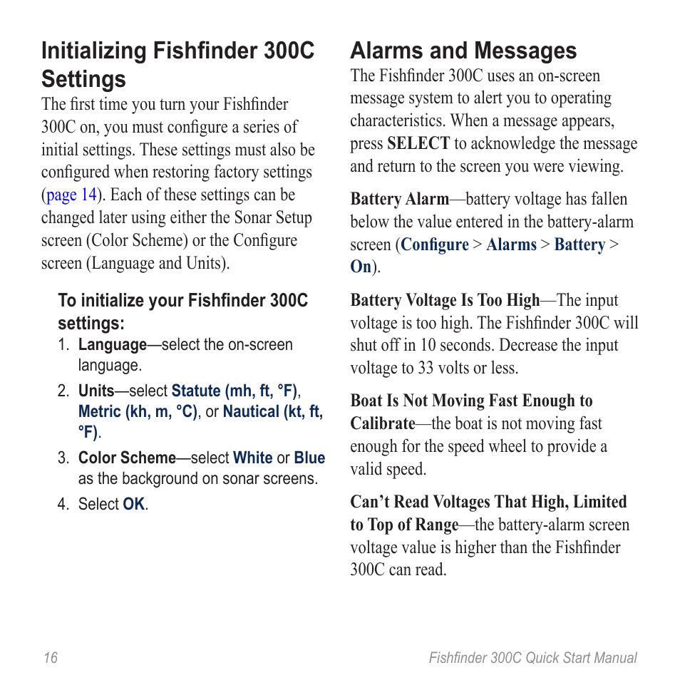 Initializing fishfinder 300c settings, Alarms and messages | Garmin 190-00864-01 User Manual | Page 18 / 24