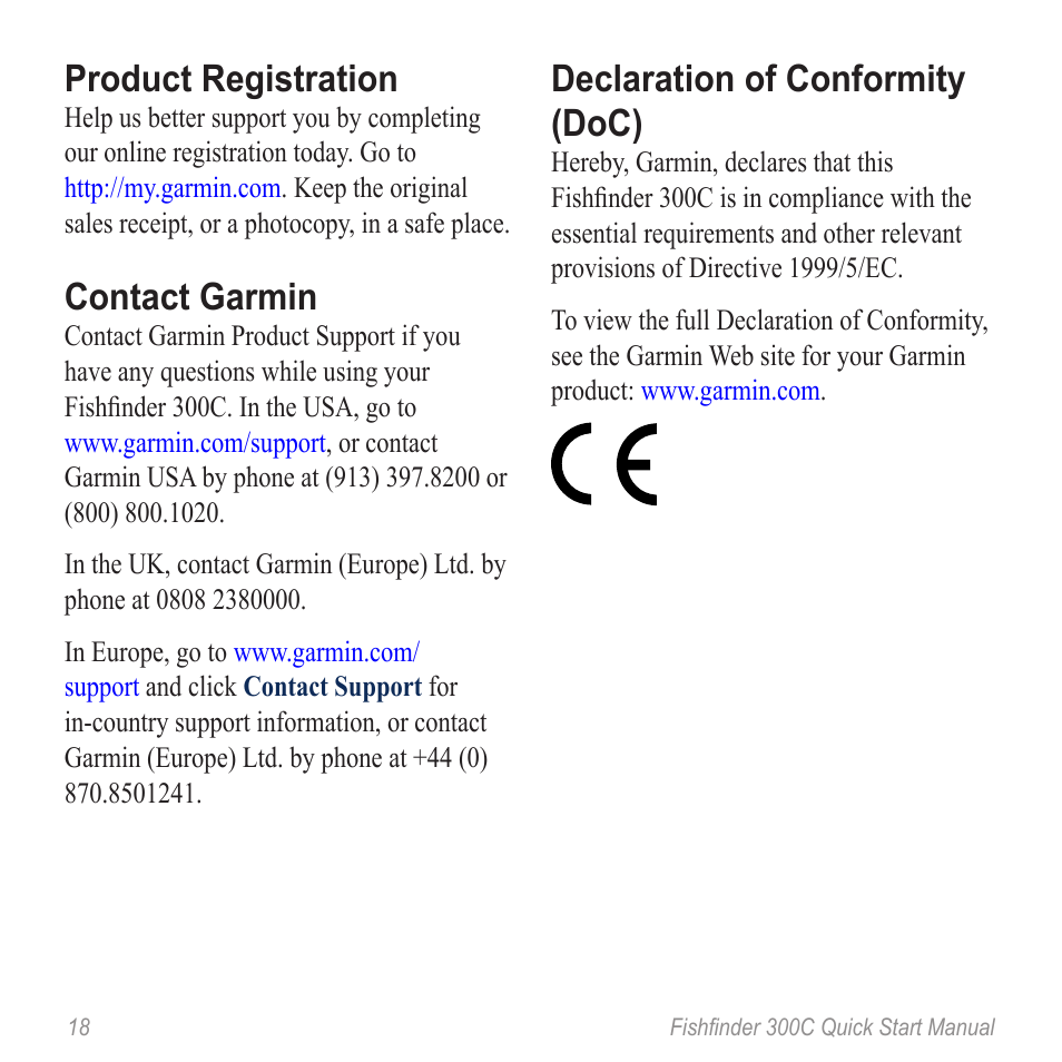 Product registration, Contact garmin, Declaration of conformity (doc) | Garmin 190-00864-01 User Manual | Page 20 / 24