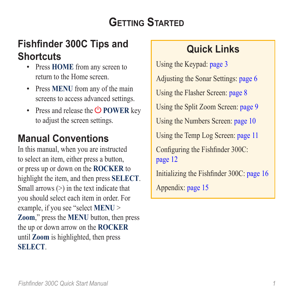 Fishfinder 300c tips and shortcuts, Manual conventions, Quick links | Garmin 190-00864-01 User Manual | Page 3 / 24