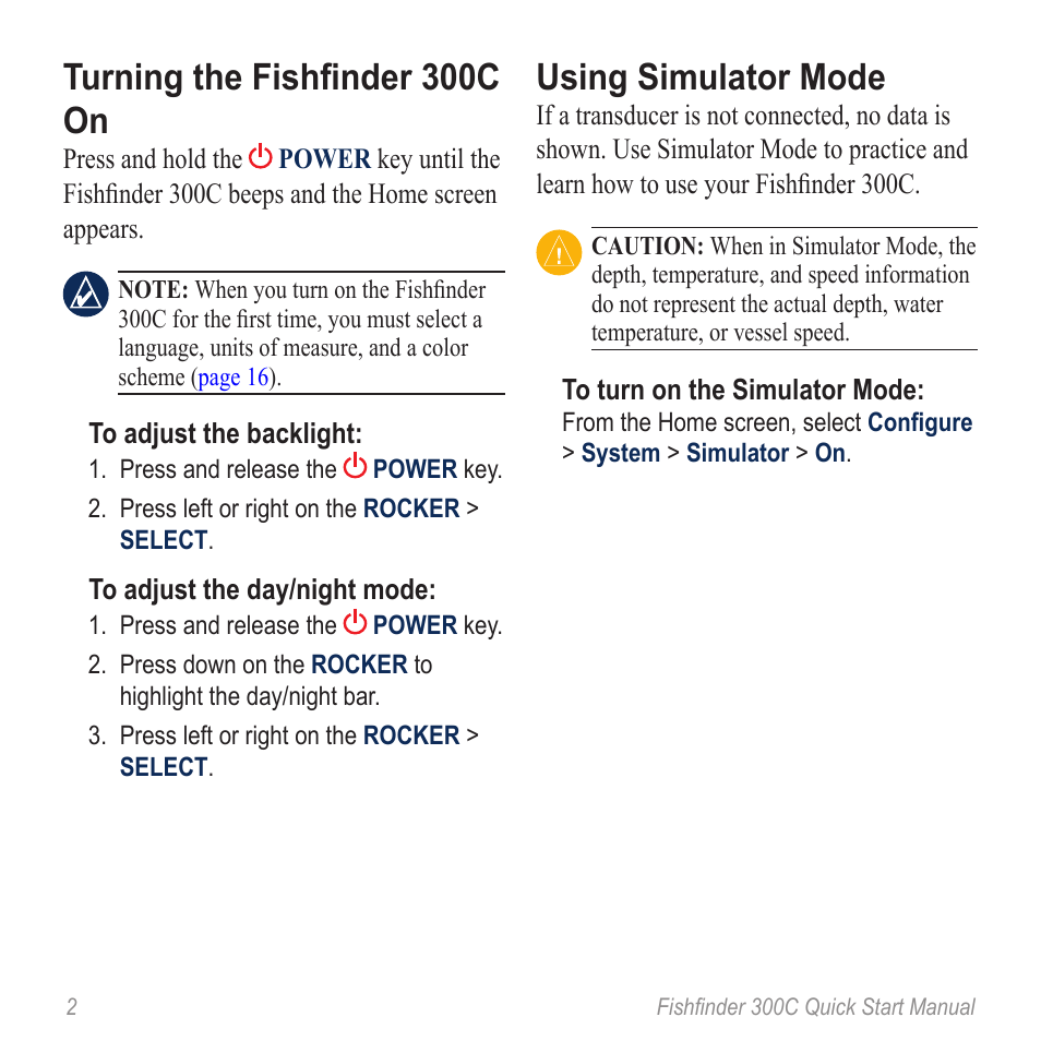 Turning the fishfinder 300c on, Using simulator mode | Garmin 190-00864-01 User Manual | Page 4 / 24