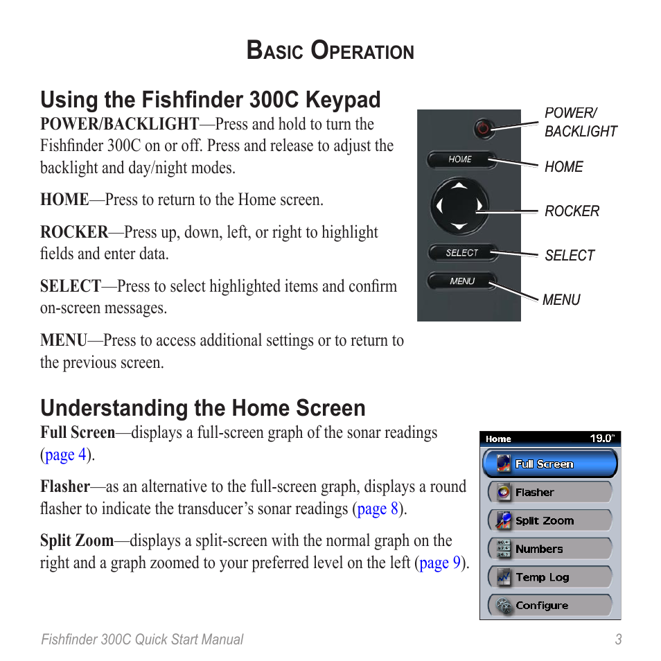 Using the fishfinder 300c keypad, Understanding the home screen | Garmin 190-00864-01 User Manual | Page 5 / 24