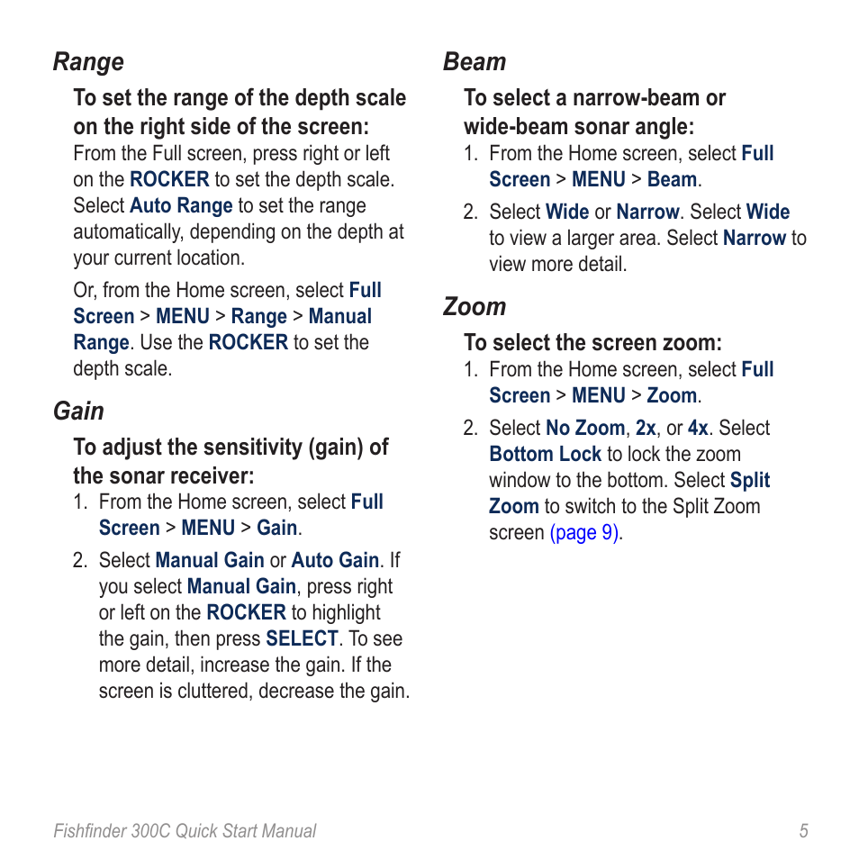 Range, Gain, Beam | Zoom | Garmin 190-00864-01 User Manual | Page 7 / 24