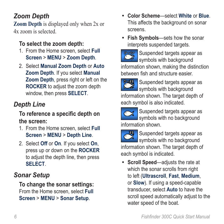 Zoom depth, Depth line, Sonar setup | Garmin 190-00864-01 User Manual | Page 8 / 24