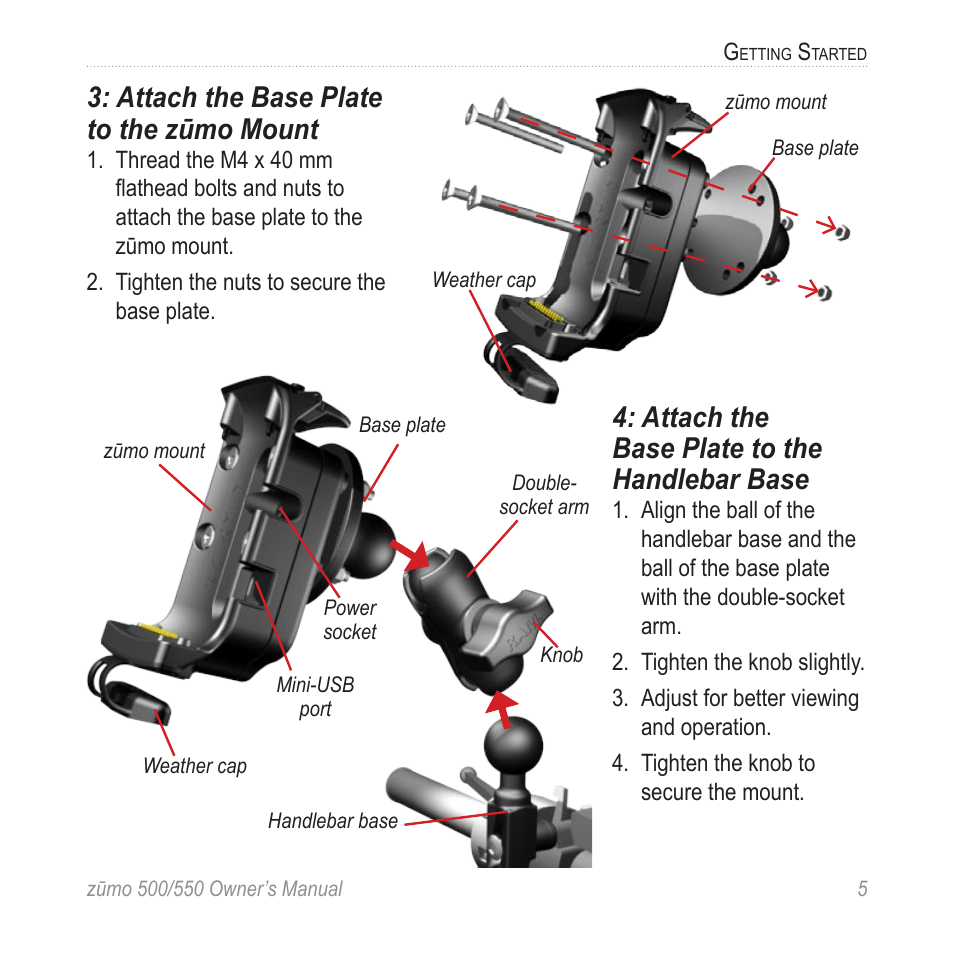 Attach the base plate to the zūmo mount, Attach the base plate to the handlebar base | Garmin zumo 550  en User Manual | Page 11 / 74