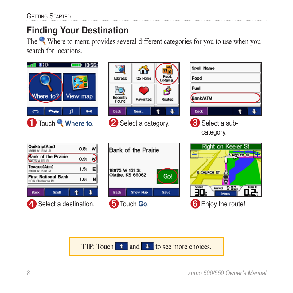 Finding your destination | Garmin zumo 550  en User Manual | Page 14 / 74