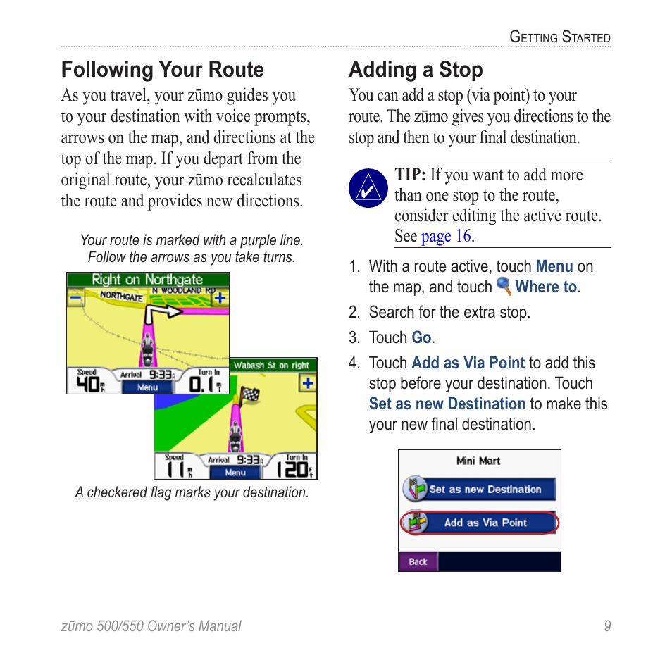 Following your route, Adding a stop | Garmin zumo 550  en User Manual | Page 15 / 74