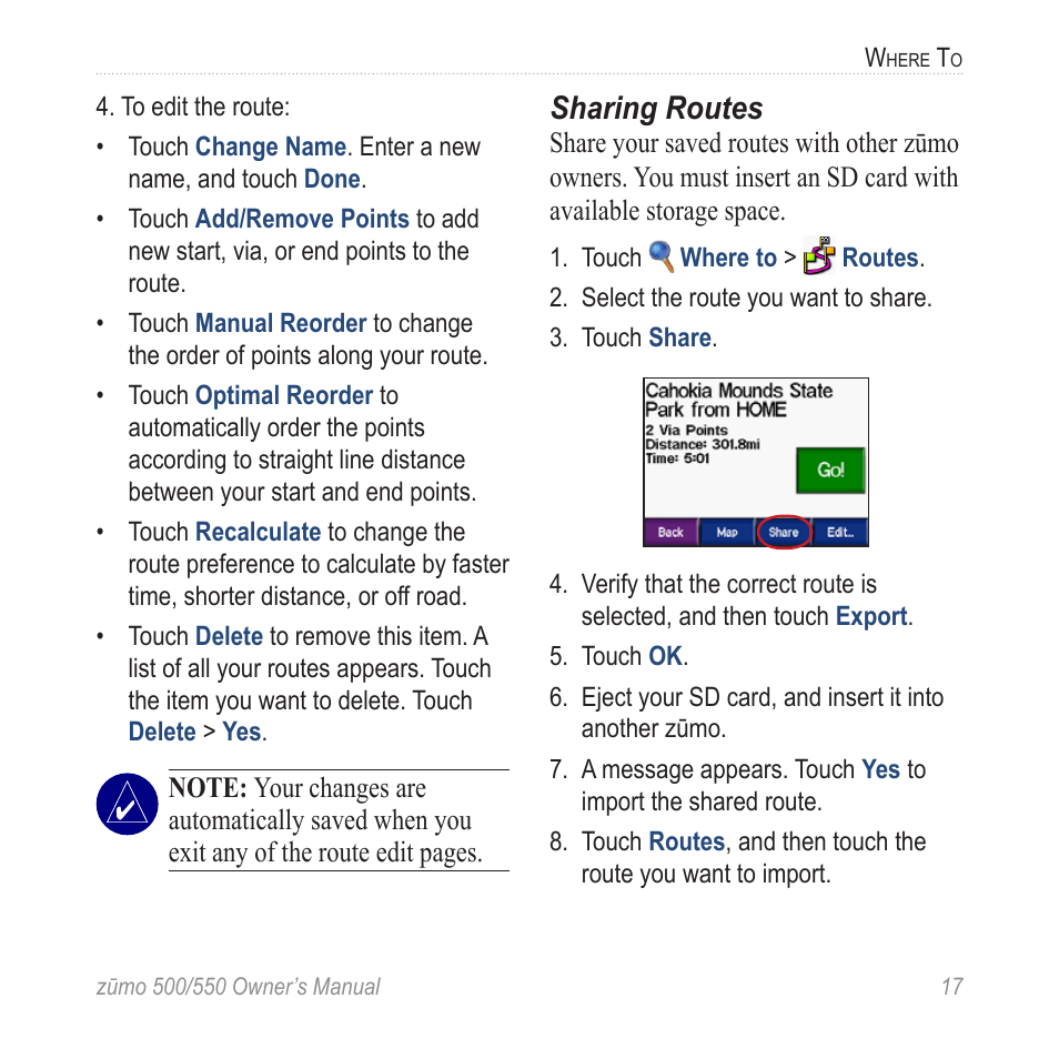 Sharing routes | Garmin zumo 550  en User Manual | Page 23 / 74