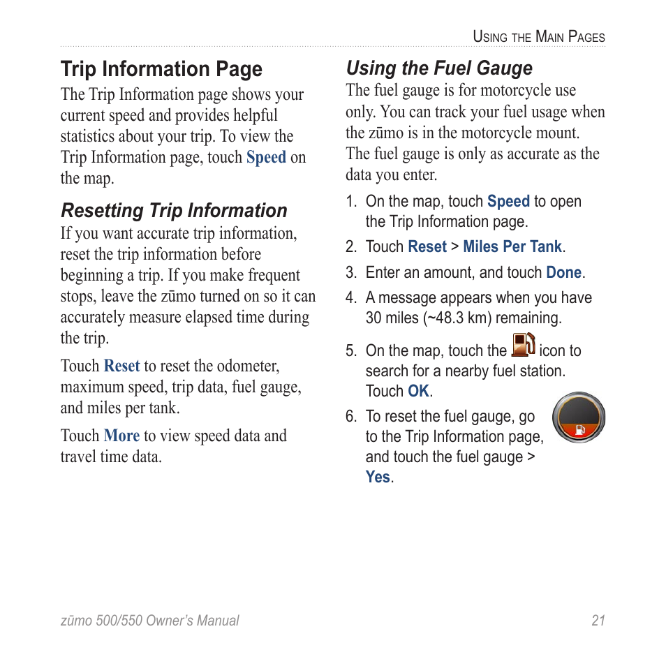 Trip information page, Resetting trip information, Using the fuel gauge | Garmin zumo 550  en User Manual | Page 27 / 74