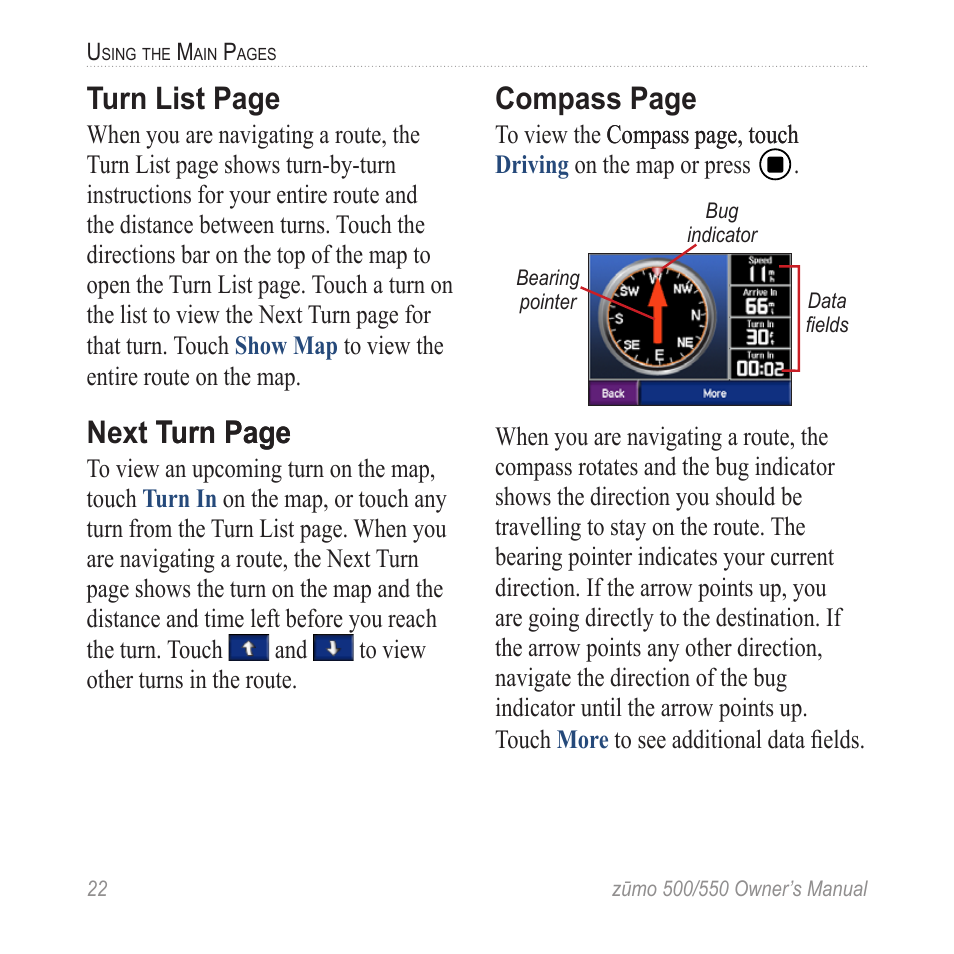 Turn list page, Next turn page turn page, Compass page | Garmin zumo 550  en User Manual | Page 28 / 74