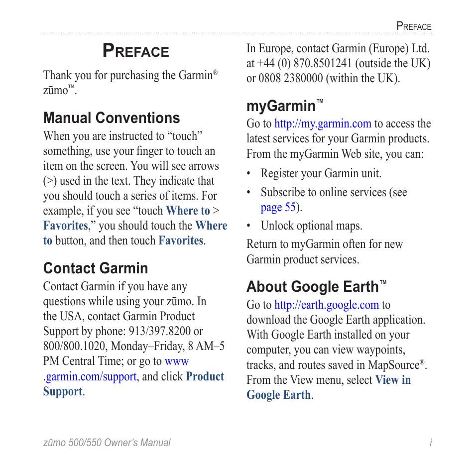 Preface, Manual conventions, Contact garmin | Mygarmin, About google earth | Garmin zumo 550  en User Manual | Page 3 / 74