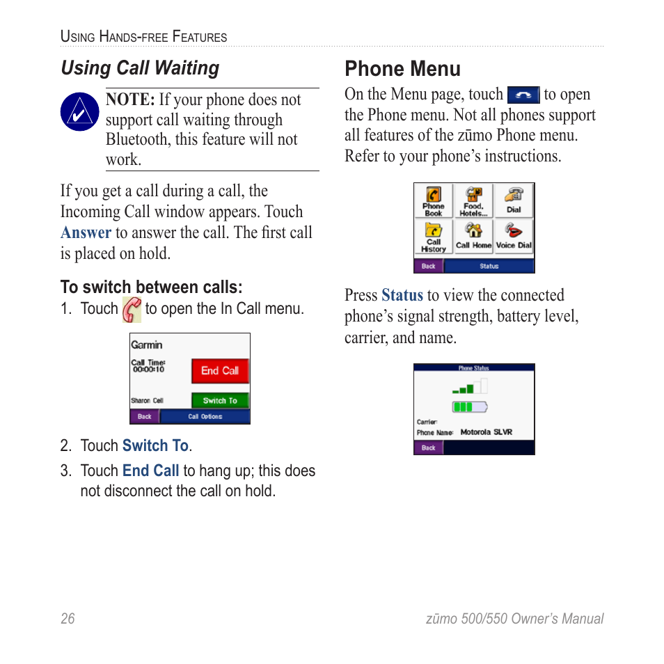 Phone menu, Using call waiting | Garmin zumo 550  en User Manual | Page 32 / 74