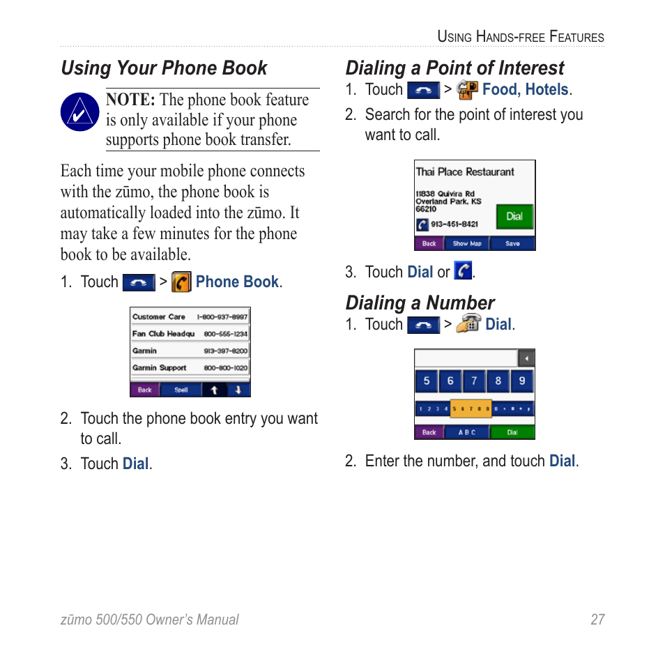 Using your phone book, Dialing a point of interest, Dialing a number | Garmin zumo 550  en User Manual | Page 33 / 74