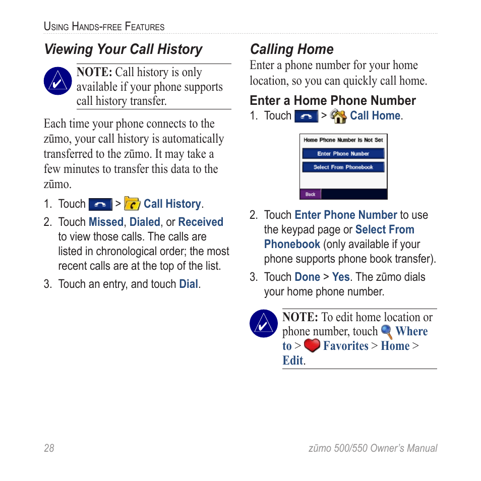 Viewing your call history, Calling home | Garmin zumo 550  en User Manual | Page 34 / 74