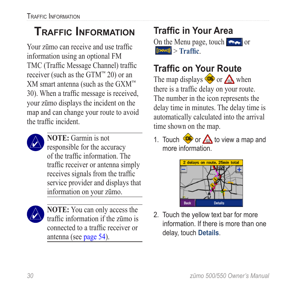 Traffic information, Traffic in your area, Traffic on your route | Garmin zumo 550  en User Manual | Page 36 / 74