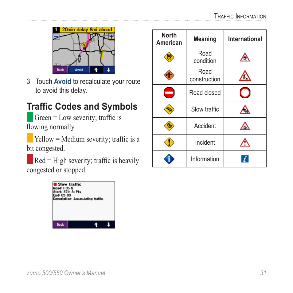 Traffic codes and symbols | Garmin zumo 550  en User Manual | Page 37 / 74