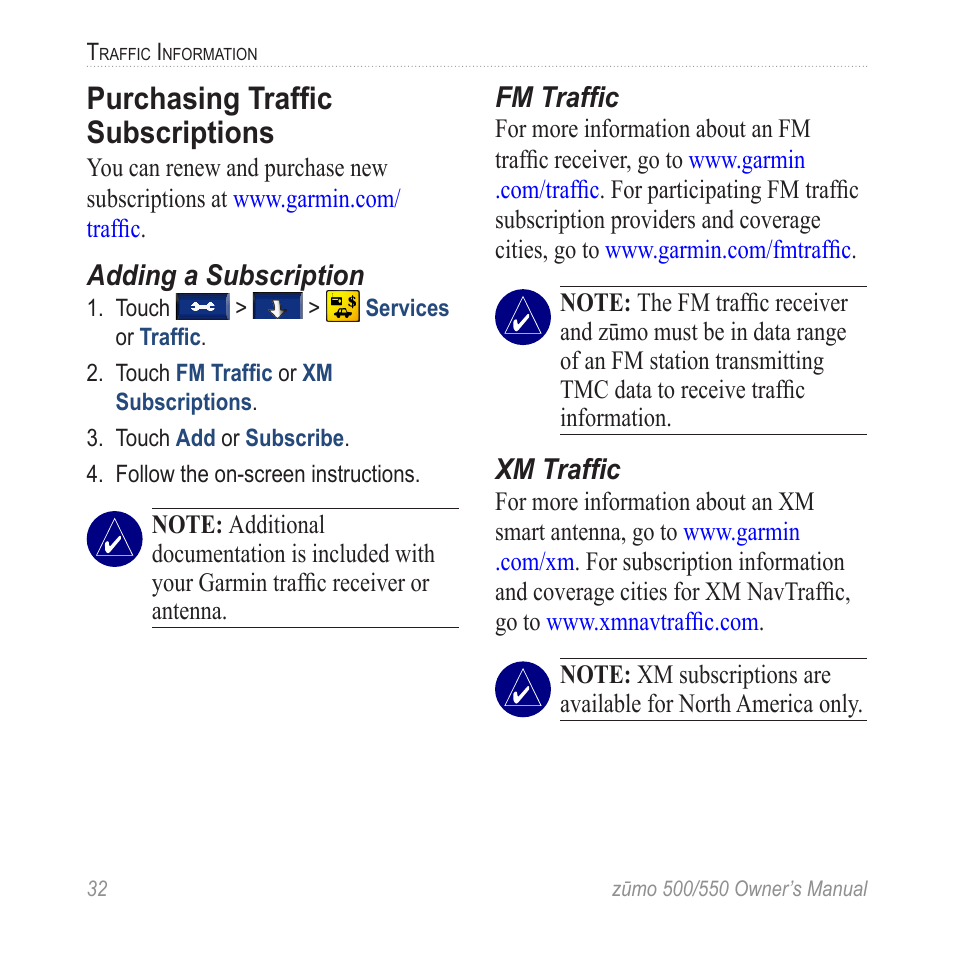 Purchasing traffic subscriptions | Garmin zumo 550  en User Manual | Page 38 / 74