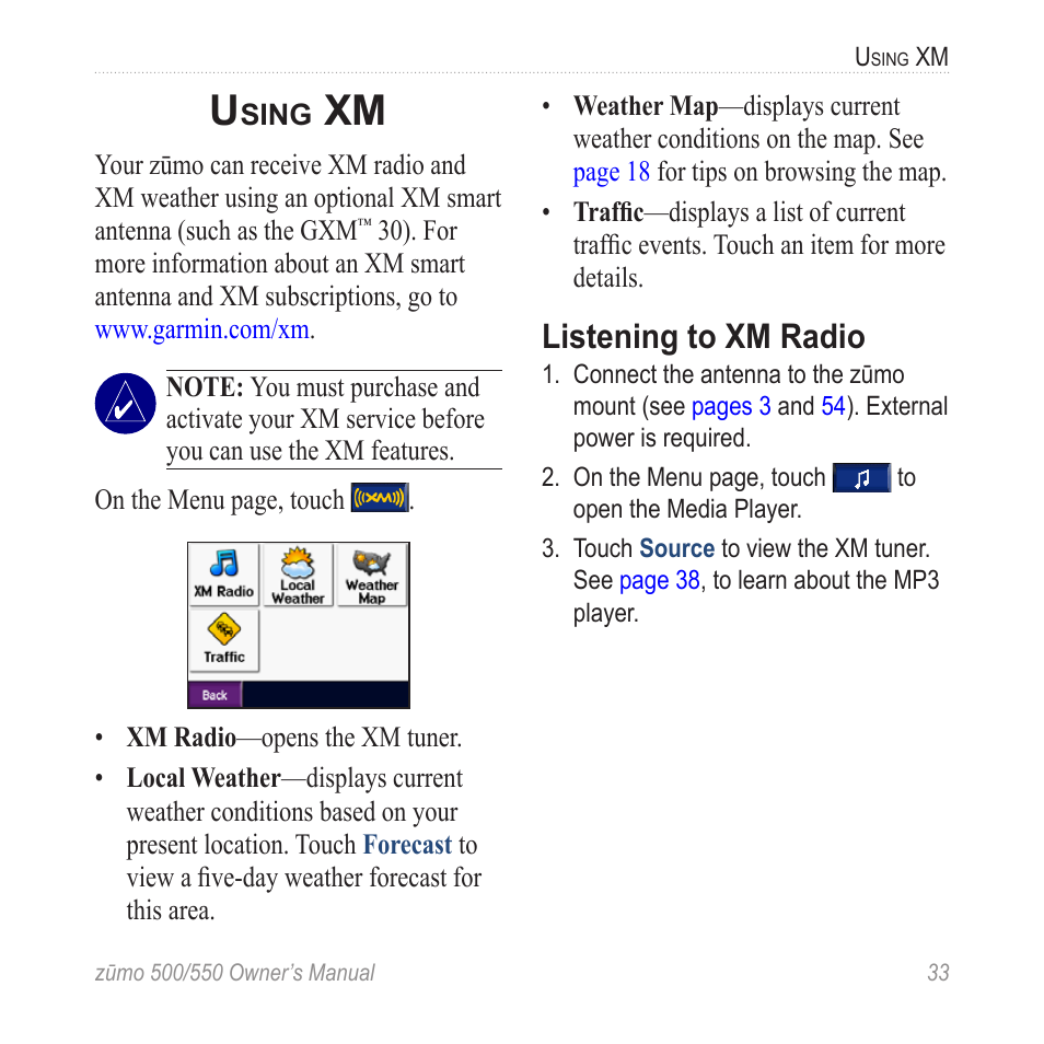 Using xm, Listening to xm radio | Garmin zumo 550  en User Manual | Page 39 / 74