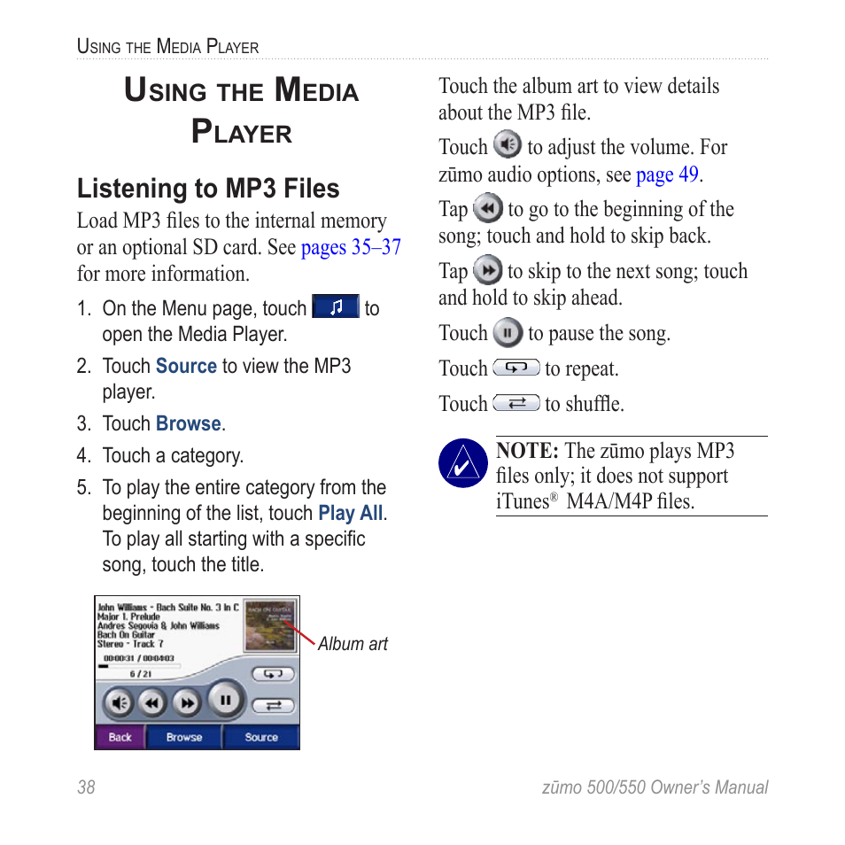 Using the media player, Listening to mp3 files | Garmin zumo 550  en User Manual | Page 44 / 74