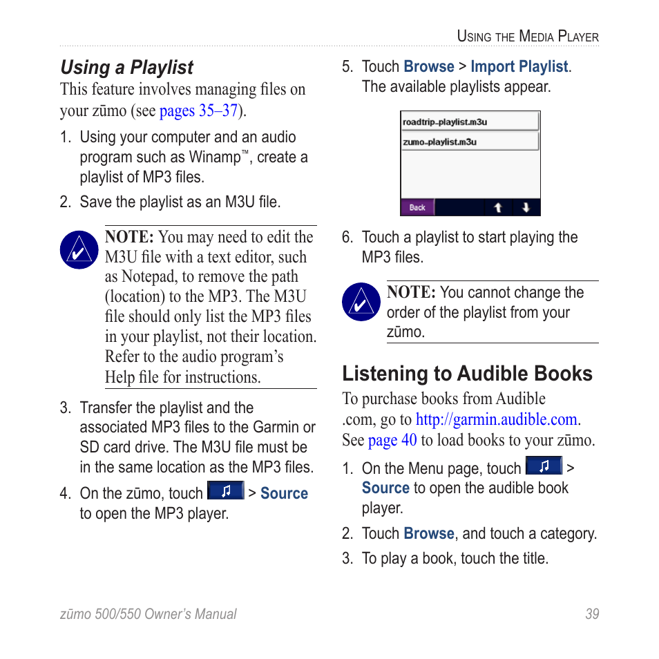 Listening to audible books, Using a playlist | Garmin zumo 550  en User Manual | Page 45 / 74