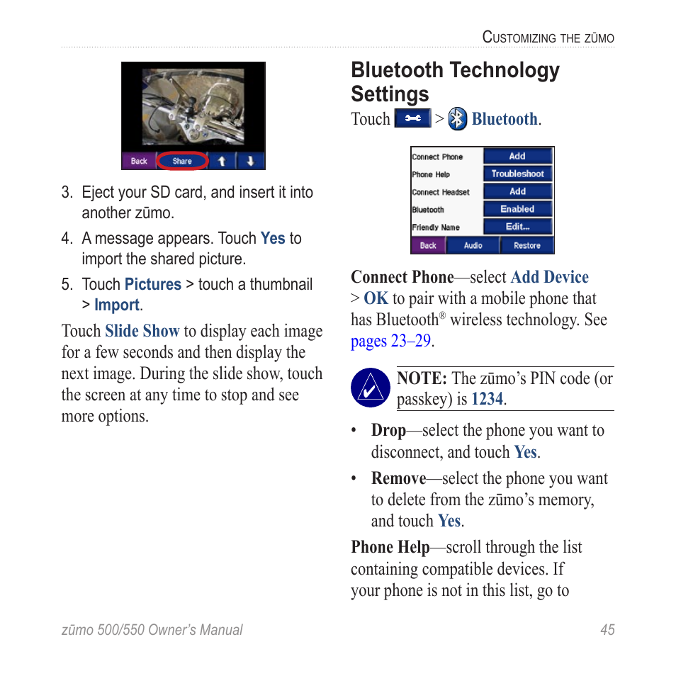 Bluetooth technology settings | Garmin zumo 550  en User Manual | Page 51 / 74