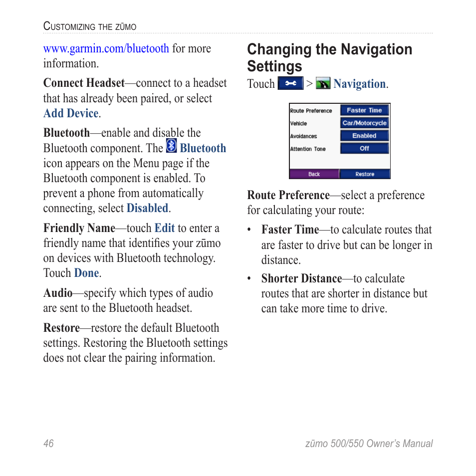 Changing the navigation settings, Changing the navigation, Settings | Garmin zumo 550  en User Manual | Page 52 / 74