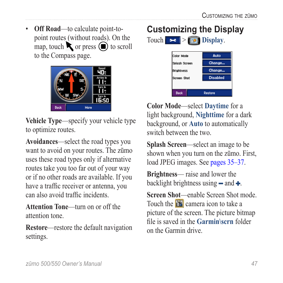 Customizing the display | Garmin zumo 550  en User Manual | Page 53 / 74