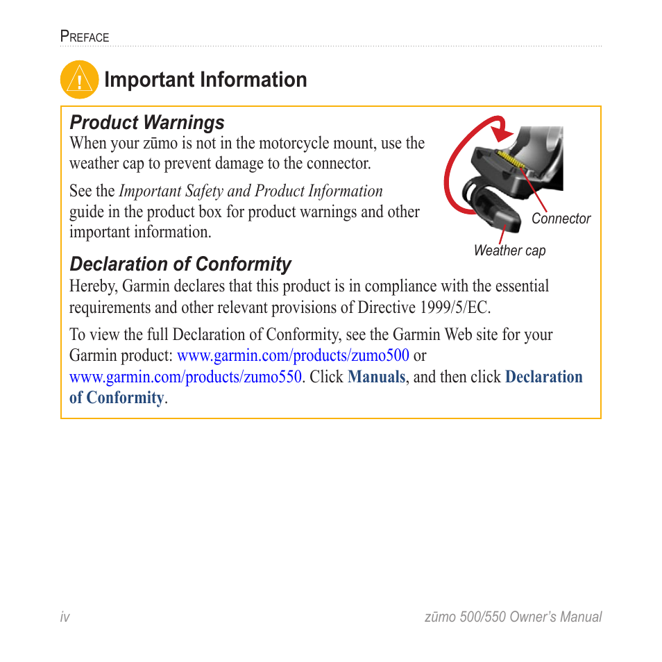 Important information | Garmin zumo 550  en User Manual | Page 6 / 74