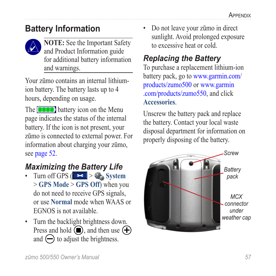 Battery information | Garmin zumo 550  en User Manual | Page 63 / 74