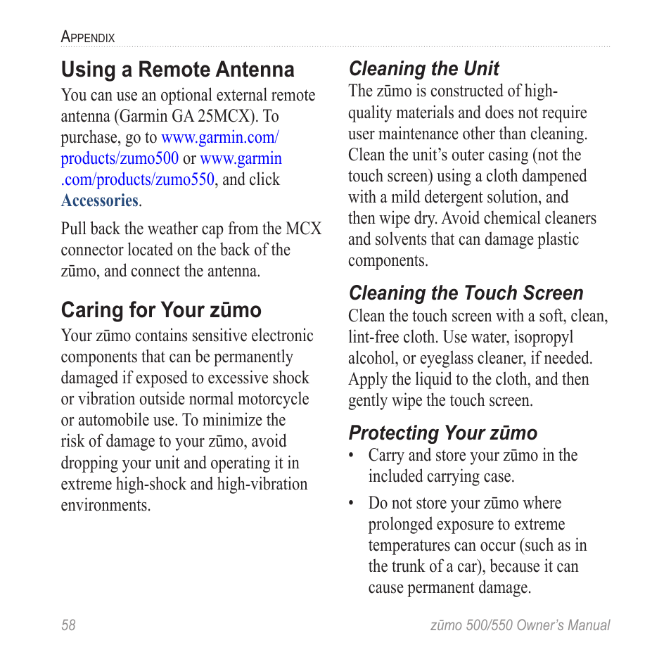 Using a remote antenna, Caring for your zūmo | Garmin zumo 550  en User Manual | Page 64 / 74