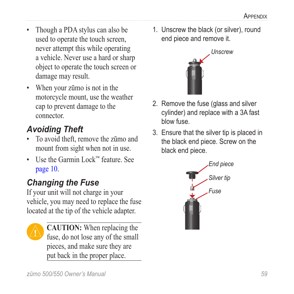 Avoiding theft, Changing the fuse | Garmin zumo 550  en User Manual | Page 65 / 74