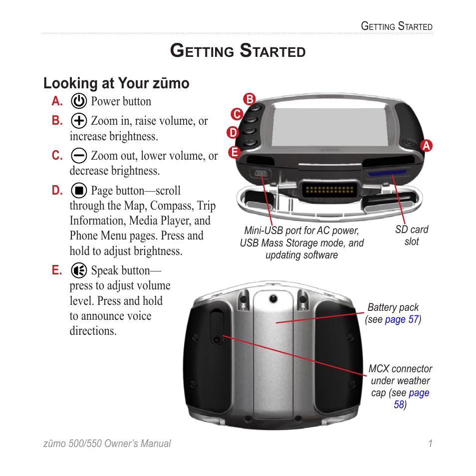 Getting started, Looking at your zūmo | Garmin zumo 550  en User Manual | Page 7 / 74