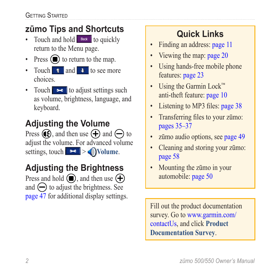Quick links, Zūmo tips and shortcuts, Adjusting the volume | Adjusting the brightness | Garmin zumo 550  en User Manual | Page 8 / 74