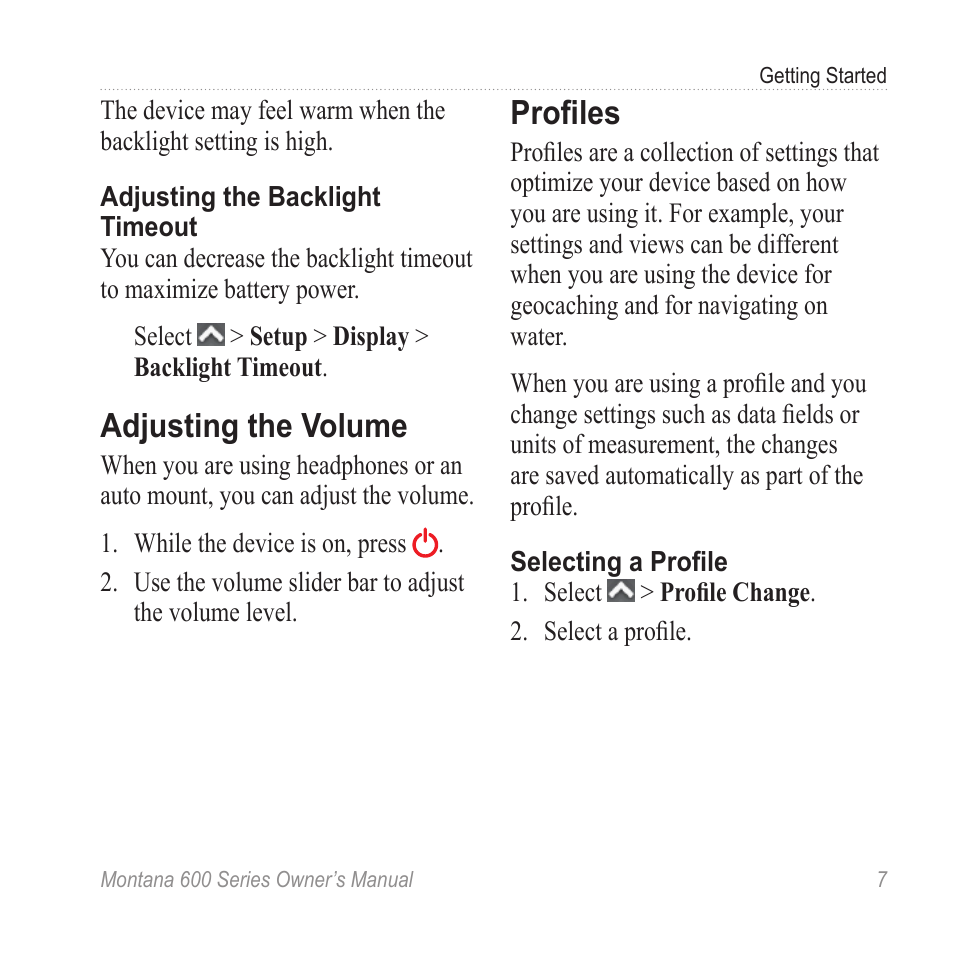 Adjusting the volume, Profiles | Garmin montana 600 User Manual | Page 11 / 70