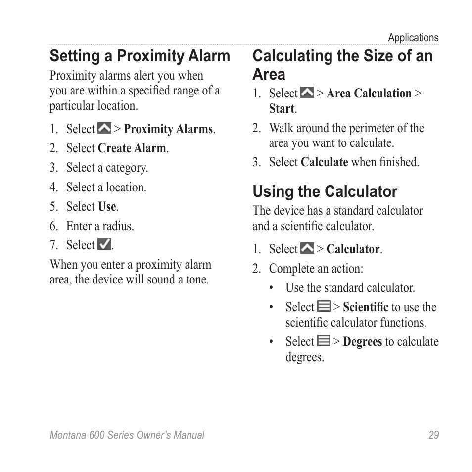 Setting a proximity alarm, Calculating the size of an area, Using the calculator | Garmin montana 600 User Manual | Page 33 / 70