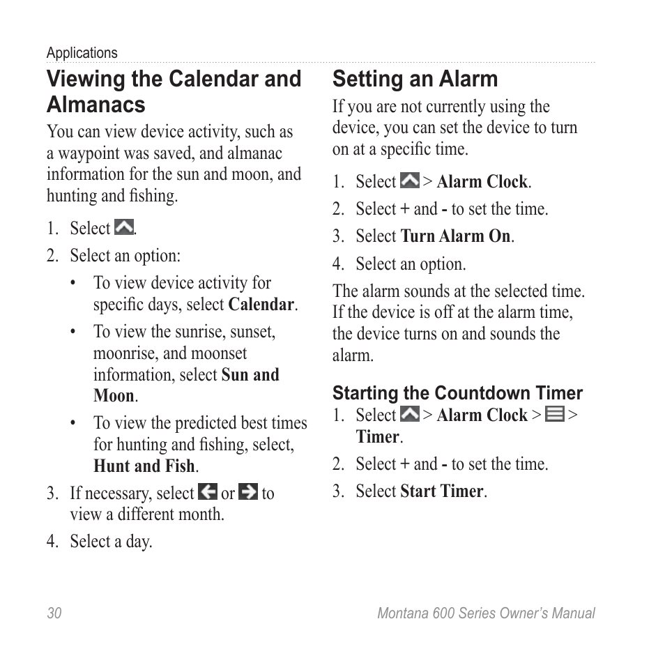 Viewing the calendar and almanacs, Setting an alarm, Viewing the calendar and | Almanacs | Garmin montana 600 User Manual | Page 34 / 70