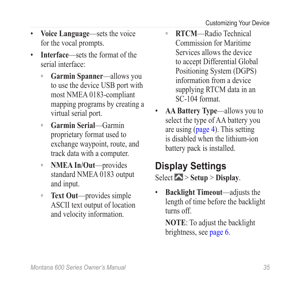 Display settings | Garmin montana 600 User Manual | Page 39 / 70