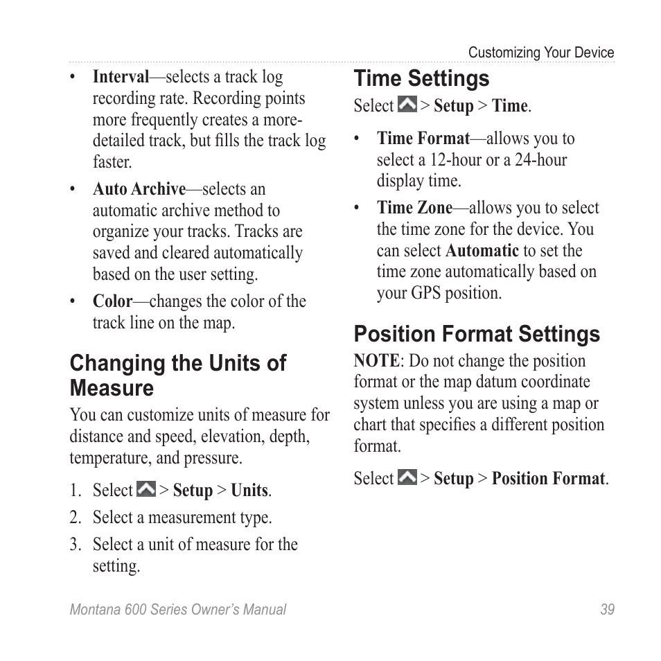 Changing the units of measure, Time settings, Position format settings | Garmin montana 600 User Manual | Page 43 / 70