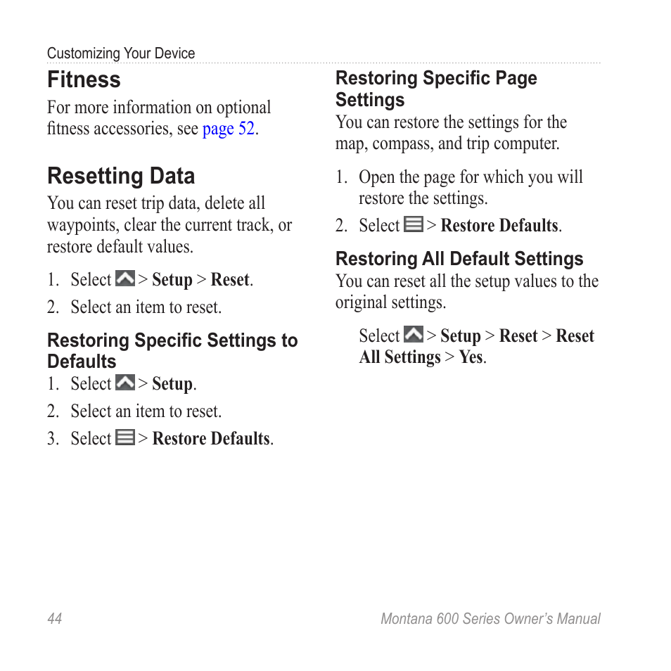 Fitness, Resetting data | Garmin montana 600 User Manual | Page 48 / 70