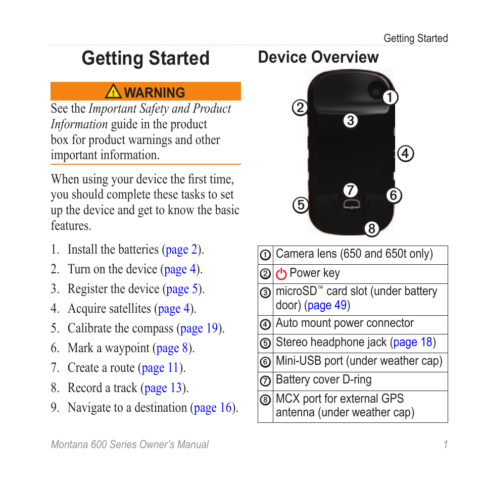 Getting started, Device overview | Garmin montana 600 User Manual | Page 5 / 70