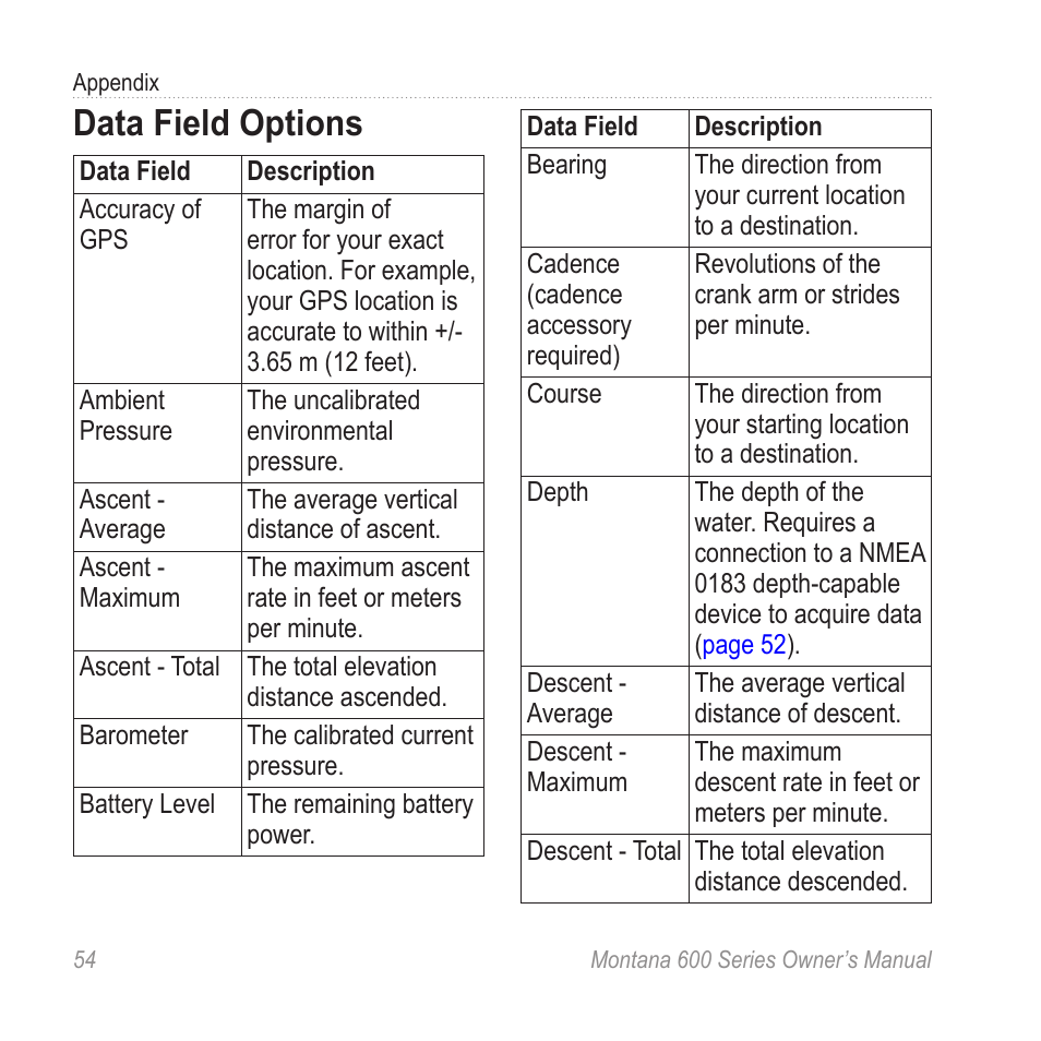 Data field options | Garmin montana 600 User Manual | Page 58 / 70