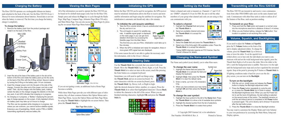 Charging the battery, Viewing the main pages, Initializing the gps | Entering data, Setting up the radio, Changing the name and symbol, Volume, squelch, and backlighting | Garmin GPSMAP 520 User Manual | Page 2 / 2