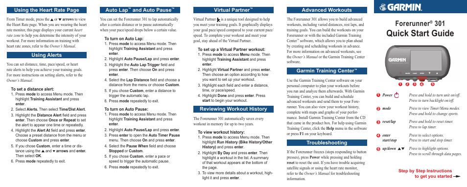 Quick start guide, Forerunner, Virtual partner | Reviewing workout history, Auto lap, And auto pause, Using the heart rate page, Using alerts, Advanced workouts, Garmin training center | Garmin Heart Rate Monitor User Manual | Page 2 / 2