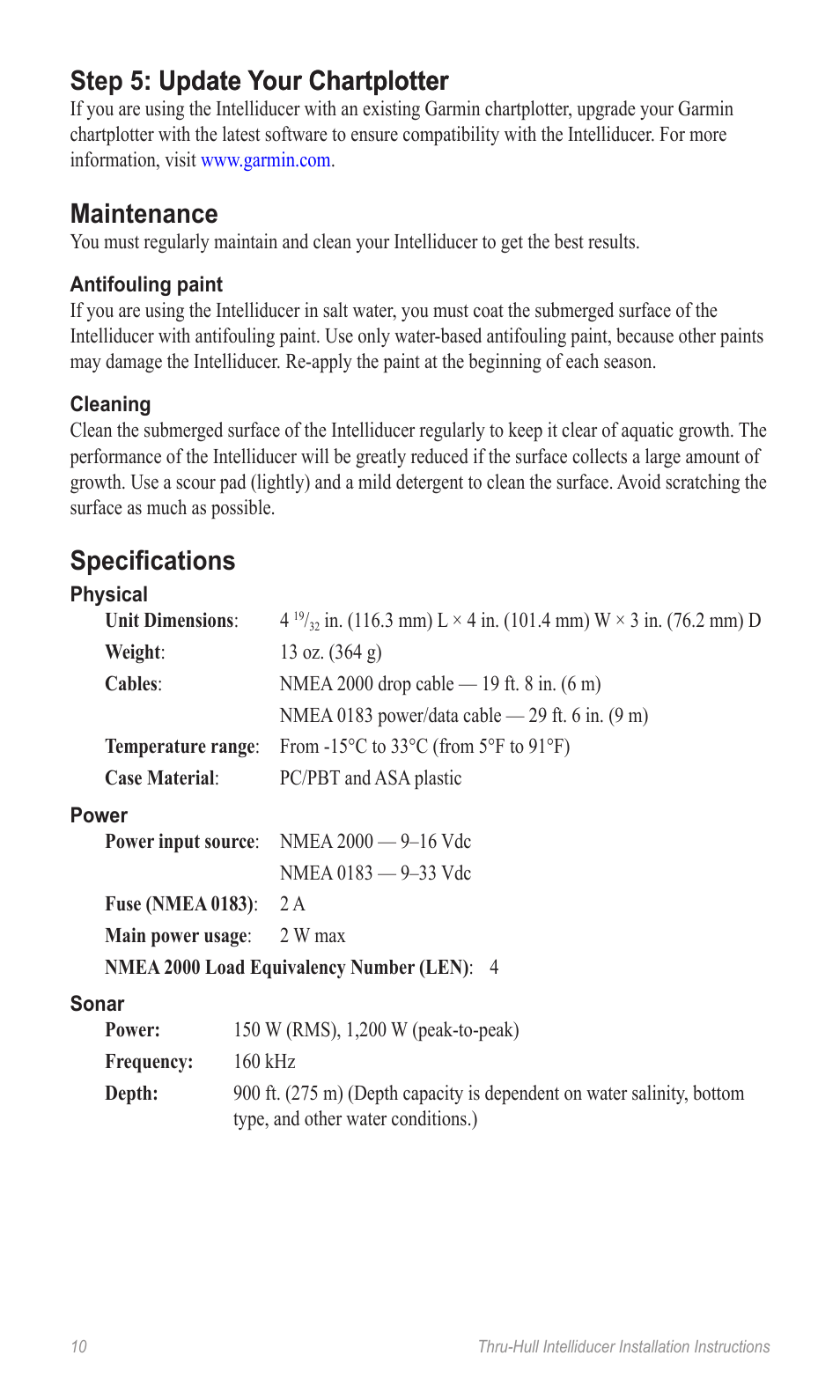 Maintenance, Specifications | Garmin 190-00888-10 User Manual | Page 10 / 76