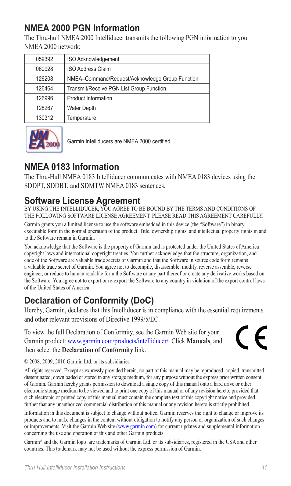 Nmea 2000 pgn information, Nmea 0183 information, Software license agreement | Declaration of conformity (doc) | Garmin 190-00888-10 User Manual | Page 11 / 76