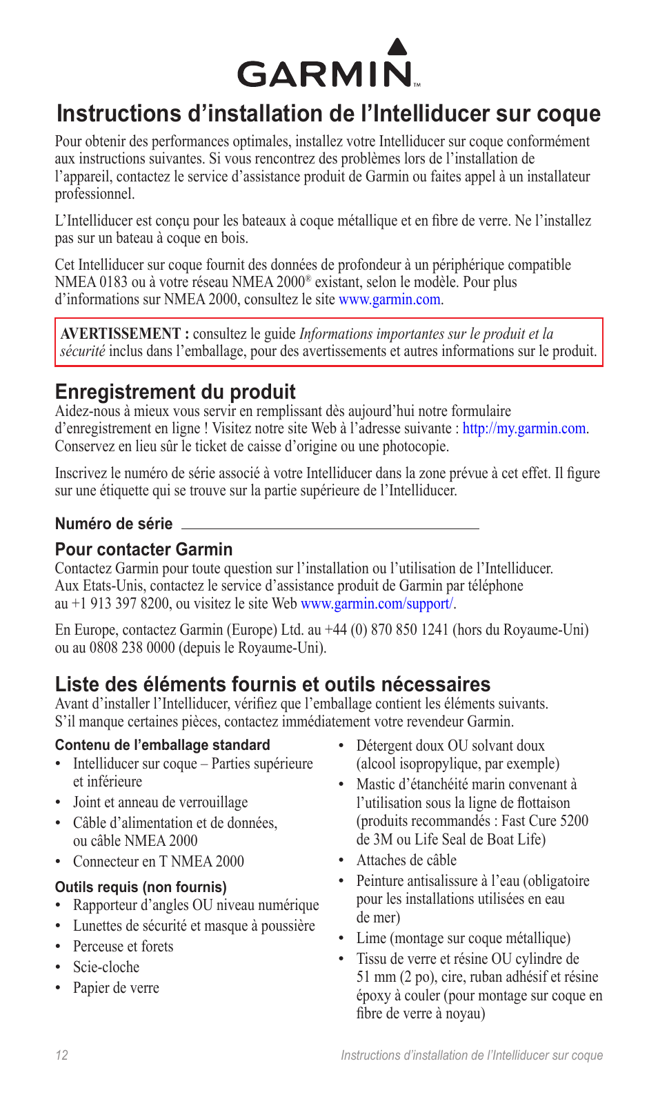 Instructions d’installation (fr), Enregistrement du produit, Liste des éléments fournis et outils nécessaires | Garmin 190-00888-10 User Manual | Page 12 / 76